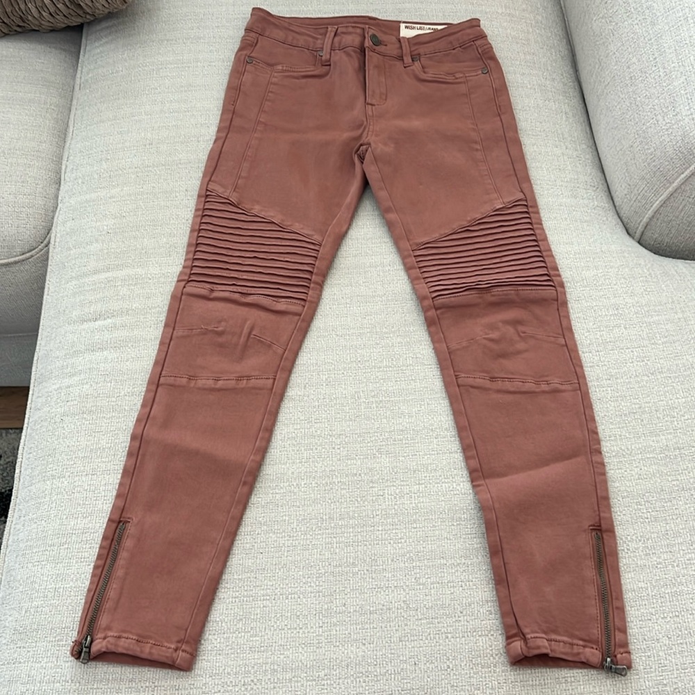 BLUSH or almost brownish Pink Wishlist jeans are size M, but run a little small.